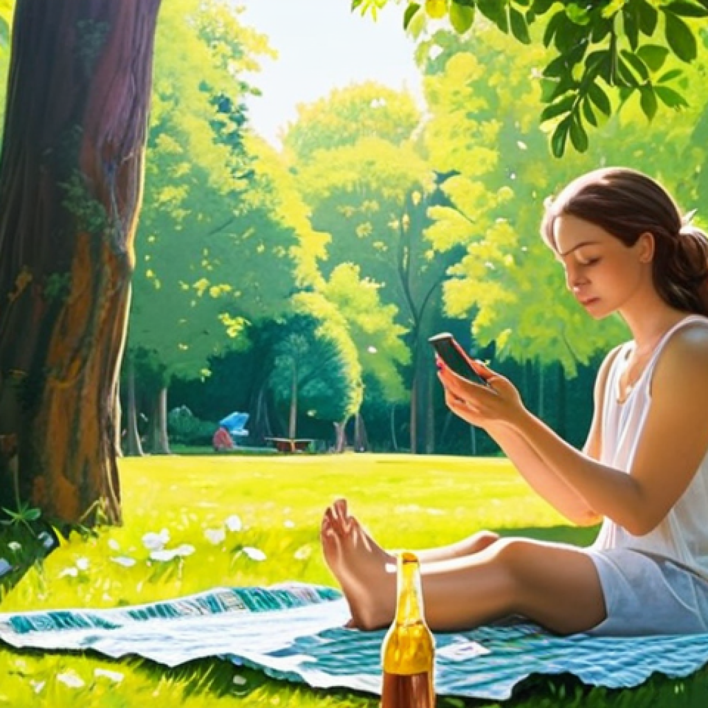 **

*   **Prompt:** A serene woman practices mindful breathing in a sun-drenched park, phone left forgotten on a picnic blanket beside her. Lush green trees and vibrant flowers surround her. Soft, natural lighting, calming atmosphere. Focus on relaxation and connection with nature.
* **Style:** Impressionistic painting

**