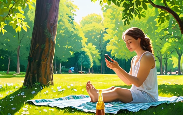 **
* **Prompt:** A serene woman practices mindful breathing in a sun-drenched park, phone left forgotten on a picnic blanket beside her. Lush green trees and vibrant flowers surround her. Soft, natural lighting, calming atmosphere. Focus on relaxation and connection with nature.
* **Style:** Impressionistic painting
**