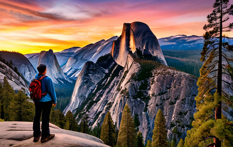 **Image Prompt:** A serene landscape of Yosemite National Park at sunset. Towering granite cliffs and giant sequoia trees are silhouetted against a vibrant sky. In the foreground, a lone hiker stands peacefully, gazing at the scene, completely absorbed in nature, with no phone in sight. The overall mood should be one of tranquility and awe.