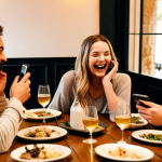A group of friends laughing and talking animatedly around a dinner table, phones are visibly absent, emphasizing the lively, face-to-face interaction. The setting is a cozy, warmly lit restaurant.