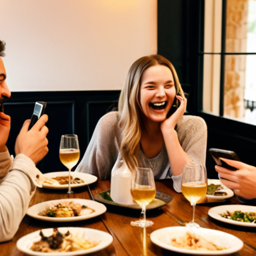 Home 25 A group of friends laughing and talking animatedly around a dinner table, phones are visibly absent, emphasizing the lively, face-to-face interaction. The setting is a cozy, warmly lit restaurant.