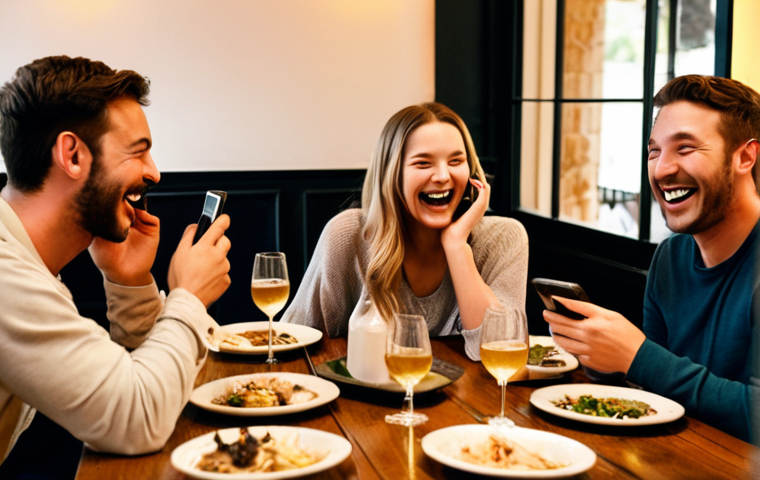 A group of friends laughing and talking animatedly around a dinner table, phones are visibly absent, emphasizing the lively, face-to-face interaction. The setting is a cozy, warmly lit restaurant.