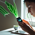 A powerful conceptual image illustrating the transition from digital tethering to the first sense of liberation. On the left side, a person (gender-neutral) is depicted with subtle, glowing digital lines or faint chains emanating from a smartphone in their hand, pulling them slightly, their expression conveying a sense of quiet overwhelm or distraction. The background behind them is a chaotic blur of fragmented digital interfaces and notifications. As the image transitions to the right, these digital tethers gently dissipate and break away, and the person's posture noticeably relaxes, their face showing a calm, serene expression. They are looking towards a soft, natural light source, perhaps a window with sunbeams or a simple, peaceful element of the physical world (like a green plant or a cup of tea), symbolizing a newfound awareness and peace. The overall mood should be contemplative, hopeful, and subtly dramatic, using soft, ethereal lighting and a dreamlike quality.
