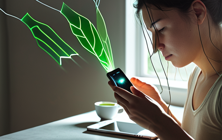 A powerful conceptual image illustrating the transition from digital tethering to the first sense of liberation. On the left side, a person (gender-neutral) is depicted with subtle, glowing digital lines or faint chains emanating from a smartphone in their hand, pulling them slightly, their expression conveying a sense of quiet overwhelm or distraction. The background behind them is a chaotic blur of fragmented digital interfaces and notifications. As the image transitions to the right, these digital tethers gently dissipate and break away, and the person's posture noticeably relaxes, their face showing a calm, serene expression. They are looking towards a soft, natural light source, perhaps a window with sunbeams or a simple, peaceful element of the physical world (like a green plant or a cup of tea), symbolizing a newfound awareness and peace. The overall mood should be contemplative, hopeful, and subtly dramatic, using soft, ethereal lighting and a dreamlike quality.