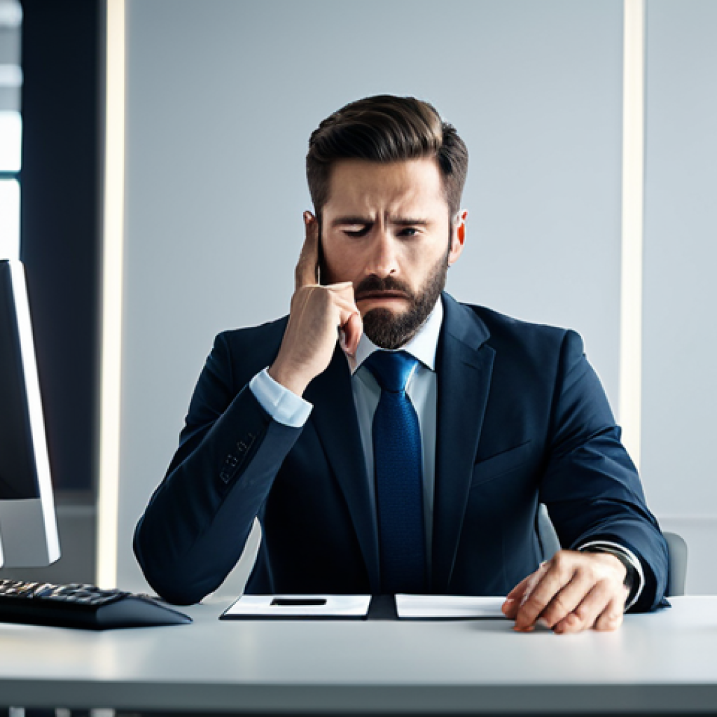 A professional adult, fully clothed in modest business casual attire, sitting at a modern office desk with multiple glowing screens, appearing fatigued and distracted by constant notifications. The atmosphere is somewhat desaturated, conveying mental drain. The subject has perfect anatomy, correct proportions, and a natural pose, with well-formed hands and a proper finger count. This is a high-quality professional photograph with cinematic lighting, presented in a realistic style, safe for work, appropriate content, and fully clothed with professional dress.