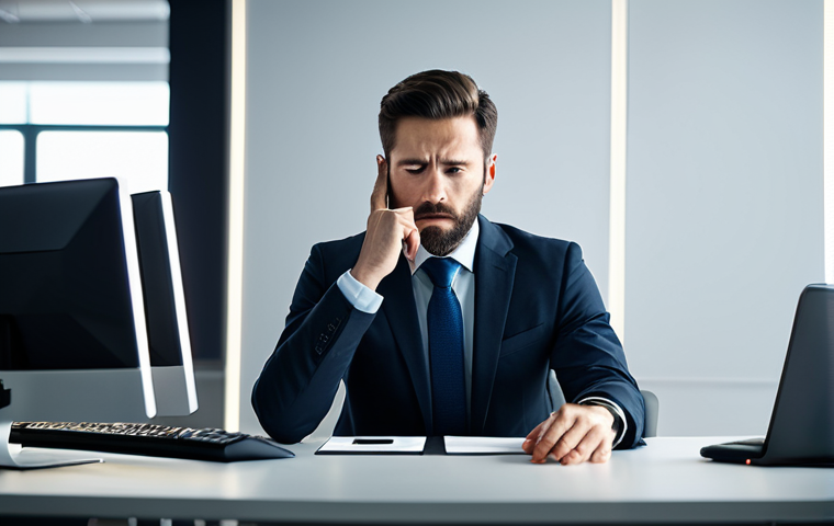 A professional adult, fully clothed in modest business casual attire, sitting at a modern office desk with multiple glowing screens, appearing fatigued and distracted by constant notifications. The atmosphere is somewhat desaturated, conveying mental drain. The subject has perfect anatomy, correct proportions, and a natural pose, with well-formed hands and a proper finger count. This is a high-quality professional photograph with cinematic lighting, presented in a realistic style, safe for work, appropriate content, and fully clothed with professional dress.
