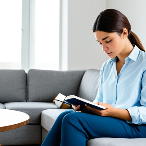 Home 22 A professional woman, fully clothed in a modest, smart casual outfit, is depicted sitting comfortably in a well-lit, minimalist living room. She is engrossed in reading a physical book with a serene and calm expression, having intentionally placed her smartphone face down on a nearby side table. The setting emphasizes intentional disconnection and reclaiming mental space, with natural light filling the tidy room. Perfect anatomy, correct proportions, natural pose, well-formed hands, proper finger count. Professional photography, high quality, safe for work, appropriate content, fully clothed, family-friendly.