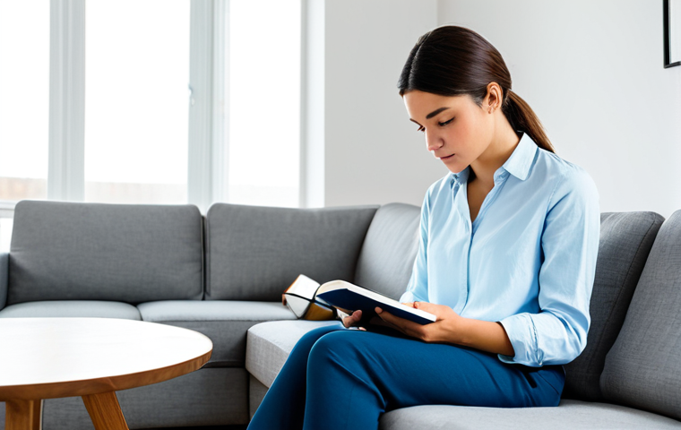 A professional woman, fully clothed in a modest, smart casual outfit, is depicted sitting comfortably in a well-lit, minimalist living room. She is engrossed in reading a physical book with a serene and calm expression, having intentionally placed her smartphone face down on a nearby side table. The setting emphasizes intentional disconnection and reclaiming mental space, with natural light filling the tidy room. Perfect anatomy, correct proportions, natural pose, well-formed hands, proper finger count. Professional photography, high quality, safe for work, appropriate content, fully clothed, family-friendly.