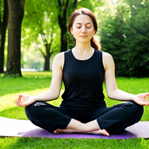 Home 9 A serene woman in modest, comfortable outdoor clothing, sitting peacefully on a yoga mat in a sunlit green park, eyes gently closed, a tranquil expression on her face. Lush trees and soft grass surround her, with sunlight dappling through the leaves. Her posture is natural and relaxed, conveying a sense of inner peace and disconnection from digital stress. Perfect anatomy, correct proportions, natural pose, well-formed hands, proper finger count, natural body proportions. Fully clothed, appropriate attire, modest clothing, safe for work, appropriate content, family-friendly. Professional outdoor photography, high quality, realistic.