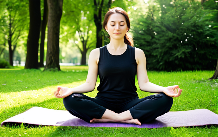 A serene woman in modest, comfortable outdoor clothing, sitting peacefully on a yoga mat in a sunlit green park, eyes gently closed, a tranquil expression on her face. Lush trees and soft grass surround her, with sunlight dappling through the leaves. Her posture is natural and relaxed, conveying a sense of inner peace and disconnection from digital stress. Perfect anatomy, correct proportions, natural pose, well-formed hands, proper finger count, natural body proportions. Fully clothed, appropriate attire, modest clothing, safe for work, appropriate content, family-friendly. Professional outdoor photography, high quality, realistic.