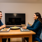 Tech-Free Zone**

A cozy living room with a dining table. A family is having dinner, laughing and talking. No phones or screens are visible on the table. Books and board games are neatly stacked on a nearby shelf. Warm, inviting lighting. Safe for work, appropriate content, fully clothed, family-friendly, professional photography, perfect anatomy, natural proportions, modest clothing.

**
