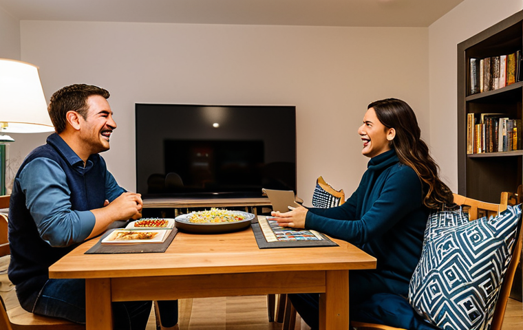 Tech-Free Zone**
A cozy living room with a dining table. A family is having dinner, laughing and talking. No phones or screens are visible on the table. Books and board games are neatly stacked on a nearby shelf. Warm, inviting lighting. Safe for work, appropriate content, fully clothed, family-friendly, professional photography, perfect anatomy, natural proportions, modest clothing.
**