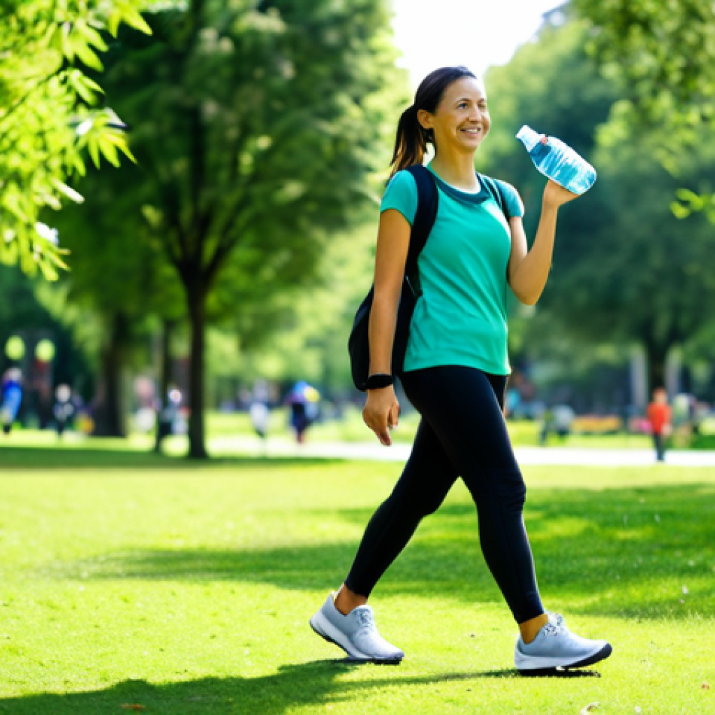 **

A woman wearing comfortable walking shoes and athleisure clothing, strolling through a lush green park on a sunny day. She is smiling and appears relaxed, holding a reusable water bottle. Trees and other park-goers are softly blurred in the background. Fully clothed, appropriate attire, safe for work, perfect anatomy, natural proportions, family-friendly, professional photography, high quality.

**