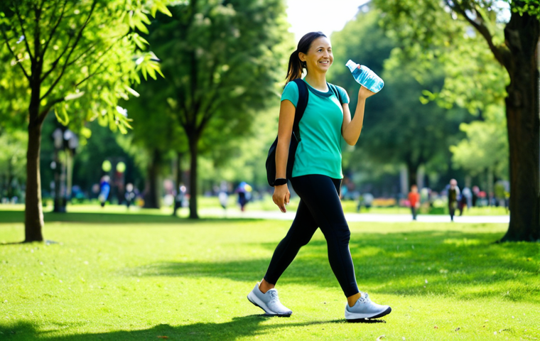 **

A woman wearing comfortable walking shoes and athleisure clothing, strolling through a lush green park on a sunny day. She is smiling and appears relaxed, holding a reusable water bottle. Trees and other park-goers are softly blurred in the background. Fully clothed, appropriate attire, safe for work, perfect anatomy, natural proportions, family-friendly, professional photography, high quality.

**