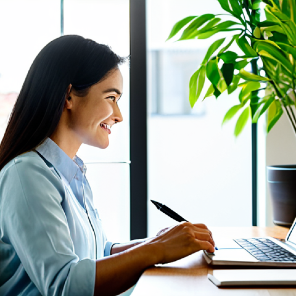Serene Workspace**

"A woman fully clothed in comfortable, modest clothing, sitting at a bright desk in a minimalist home office. She's looking away from a laptop with a gentle smile, towards a sunlit window with green plants visible. The scene emphasizes calm and focus, with a notebook and pen nearby. Safe for work, appropriate content, professional, perfect anatomy, natural proportions, well-formed hands, proper finger count."

**