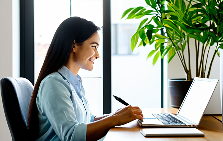 Serene Workspace**

"A woman fully clothed in comfortable, modest clothing, sitting at a bright desk in a minimalist home office. She's looking away from a laptop with a gentle smile, towards a sunlit window with green plants visible. The scene emphasizes calm and focus, with a notebook and pen nearby. Safe for work, appropriate content, professional, perfect anatomy, natural proportions, well-formed hands, proper finger count."

**