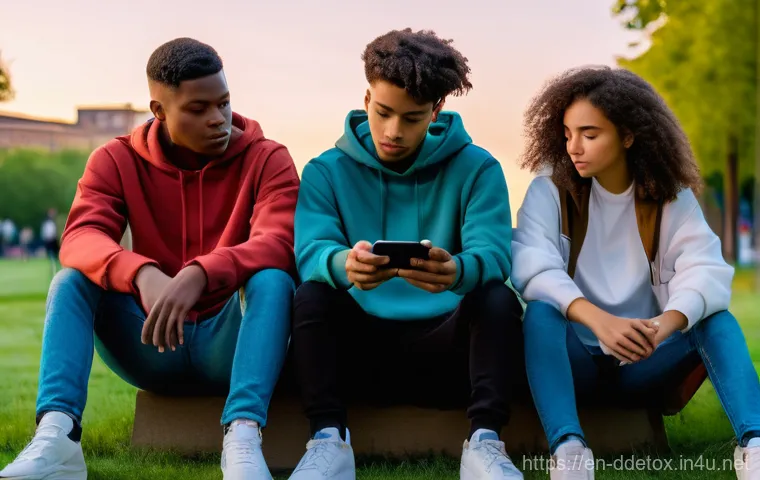 디지털디톡스와 청소년 디지털 중독 - **Digital Tether in an Urban Park**: A cinematic, wide shot capturing a diverse group of four teenag...