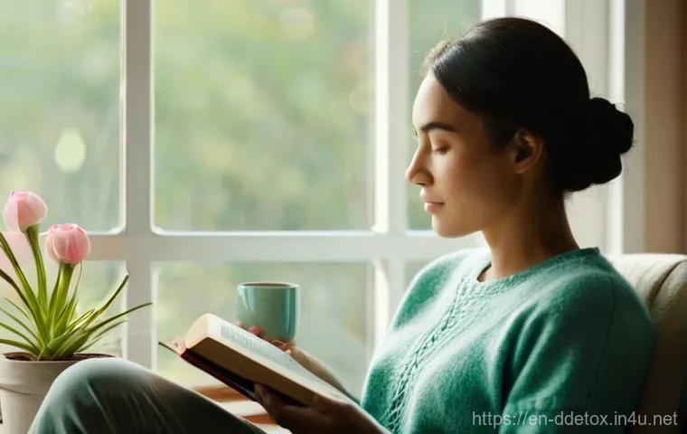 디지털디톡스와 마인드풀니스 실천법 - **Prompt: A serene morning of digital detox.**
    *   **Description:** A young woman (28-35 years o...