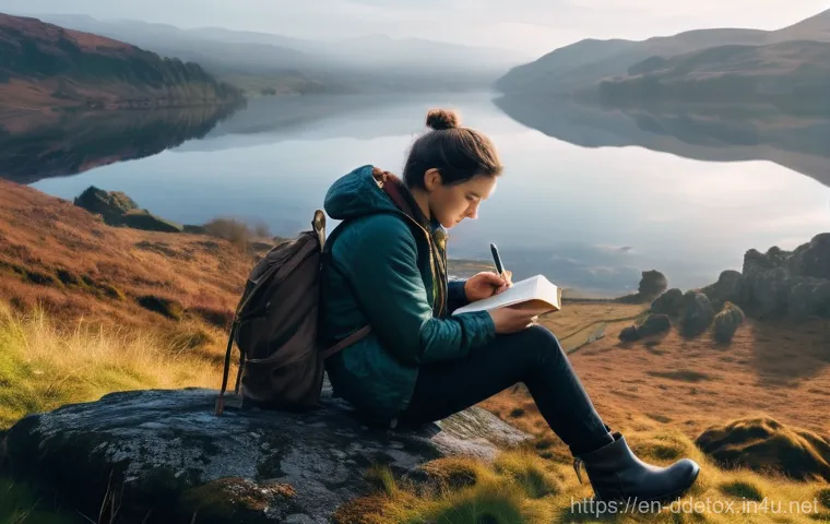 디지털디톡스와 여행 - **Prompt 1: Serene Highlands Morning**
    A person, dressed in warm, comfortable hiking attire (lay...