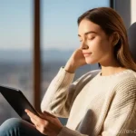 Home 13 디지털디톡스와 독서 - **Prompt for Mental Real Estate Reclaimed:**
A serene, mid-shot portrait of a young adult, gende...