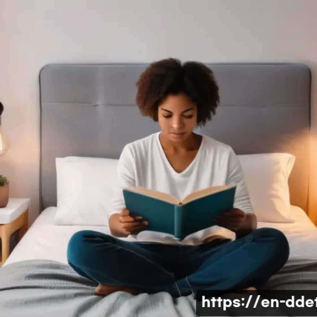 디지털디톡스와 건강한 디지털 라이프 - A serene, cozy bedroom scene at dusk with warm, dim lighting and a person sitting comfortably on a b...