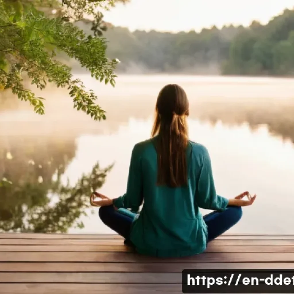 디지털디톡스와 감정적 부하 해소 - A serene outdoor scene showing a young adult woman practicing mindful meditation on a wooden deck ov...