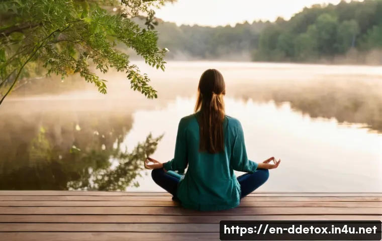 디지털디톡스와 감정적 부하 해소 - A serene outdoor scene showing a young adult woman practicing mindful meditation on a wooden deck ov...