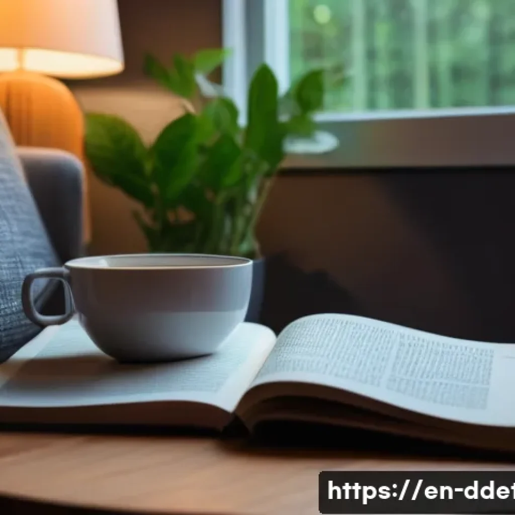 디지털디톡스와 온라인 콘텐츠 소비 줄이기 - A cozy, modern living room scene in the evening with a young adult sitting comfortably on a sofa, ge...