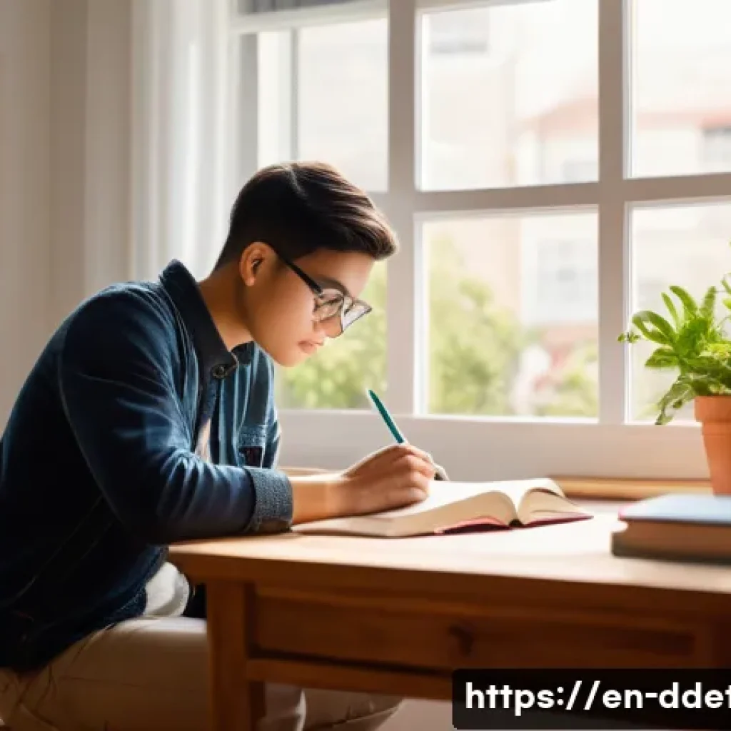 디지털디톡스 일주일 실천기 - A serene home study scene featuring a young adult sitting at a wooden desk by a large window with na...