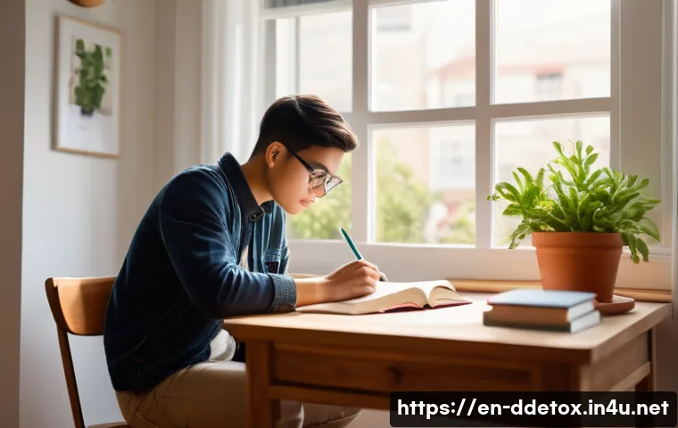 디지털디톡스 일주일 실천기 - A serene home study scene featuring a young adult sitting at a wooden desk by a large window with na...