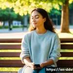 디지털디톡스와 개인적인 성장 - A serene scene of a young adult woman sitting peacefully on a park bench during golden hour, eyes cl...
