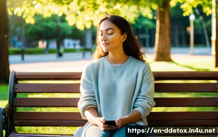 디지털디톡스와 개인적인 성장 - A serene scene of a young adult woman sitting peacefully on a park bench during golden hour, eyes cl...