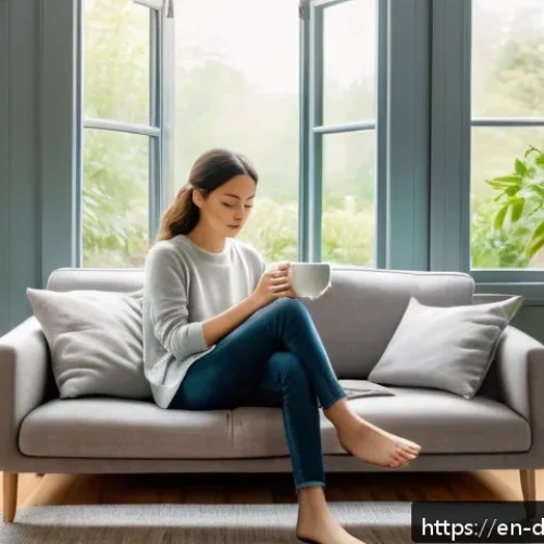 디지털디톡스와 우울증 예방 - A peaceful modern living room scene during daytime showing a young adult sitting comfortably on a co...