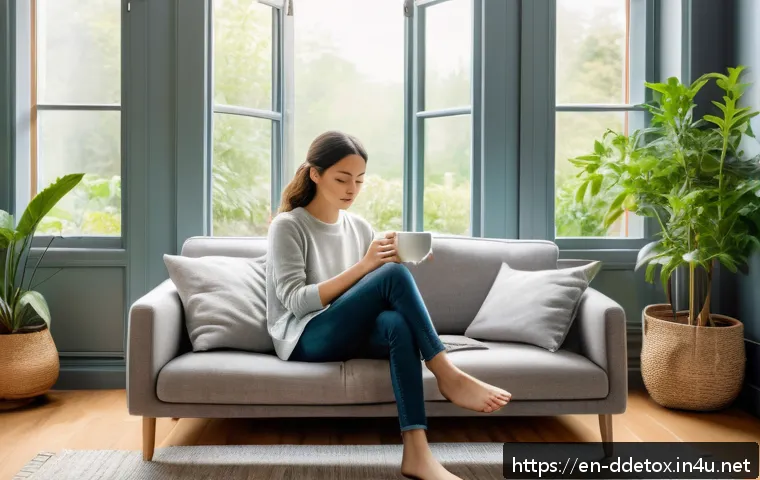 디지털디톡스와 우울증 예방 - A peaceful modern living room scene during daytime showing a young adult sitting comfortably on a co...