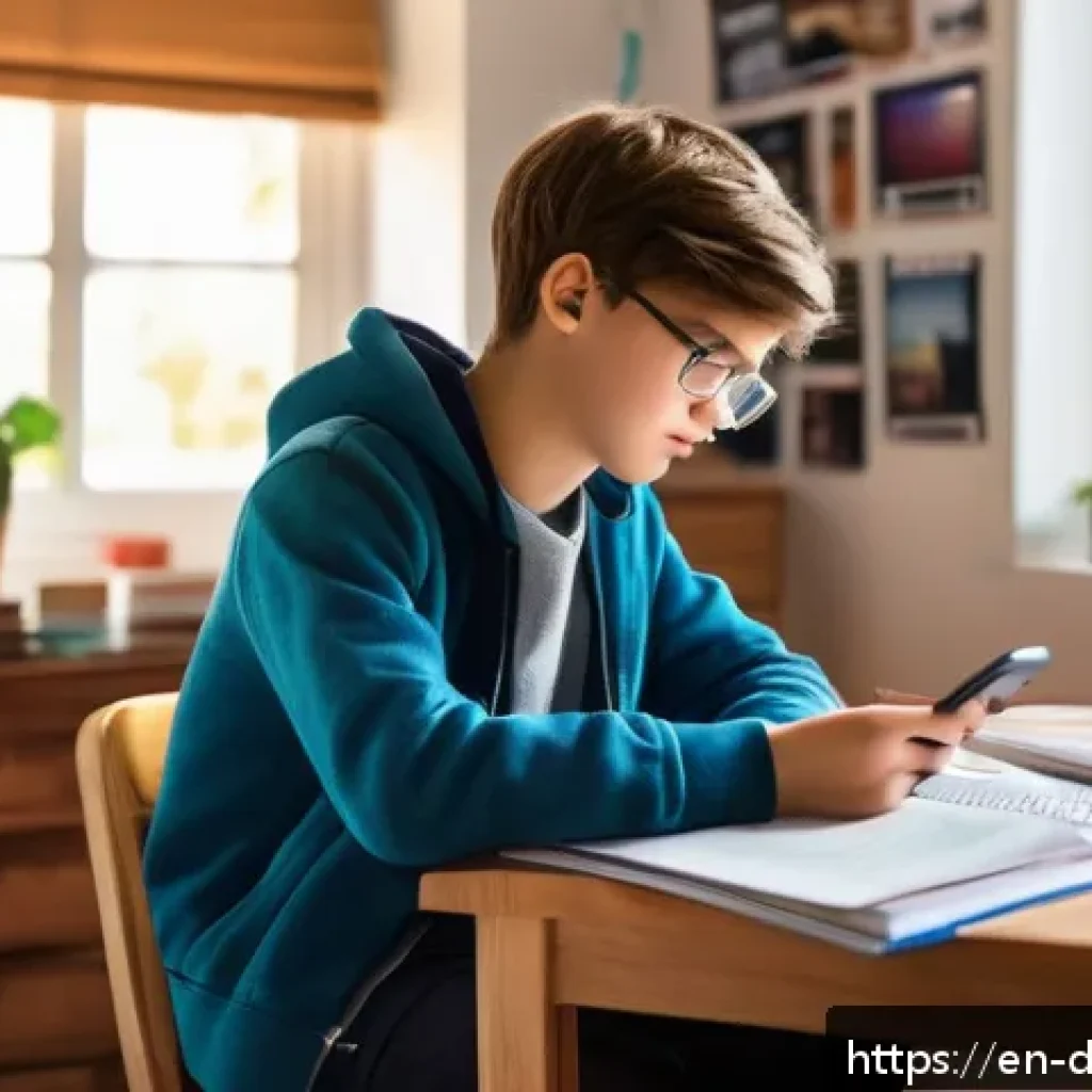 디지털디톡스와 청소년 스마트폰 규제 - A teenage boy sitting at a wooden desk in a cozy bedroom, surrounded by textbooks and notebooks, gla...