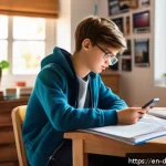 디지털디톡스와 청소년 스마트폰 규제 - A teenage boy sitting at a wooden desk in a cozy bedroom, surrounded by textbooks and notebooks, gla...