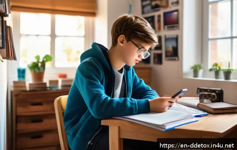 디지털디톡스와 청소년 스마트폰 규제 - A teenage boy sitting at a wooden desk in a cozy bedroom, surrounded by textbooks and notebooks, gla...