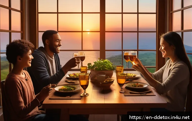 디지털디톡스와 디지털 과의 거리두기 - A cozy, softly lit dining room scene featuring a diverse family enjoying a meal together without any...