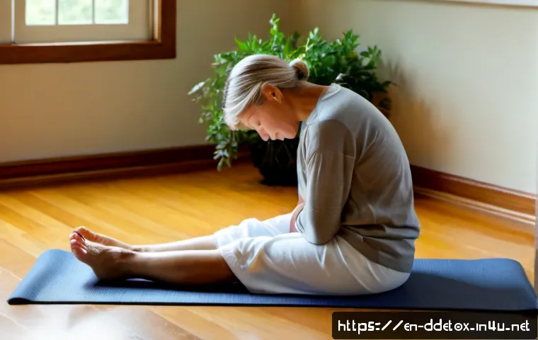 디지털디톡스 명상법 - Photorealistic digital detox meditation scene in a calm American home, a middle-aged woman seated co...