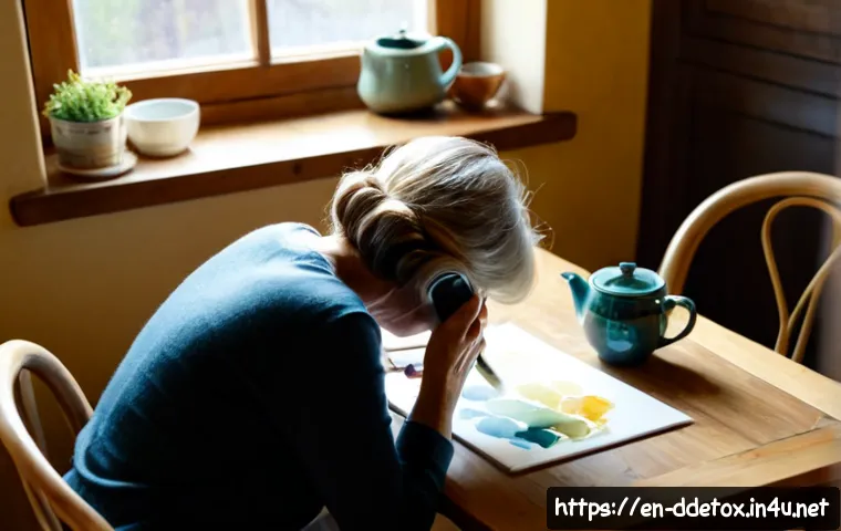 디지털디톡스와 취미 찾기 - Photorealistic cozy morning scene of a middle-aged woman enjoying watercolor painting at a sunlit ki...