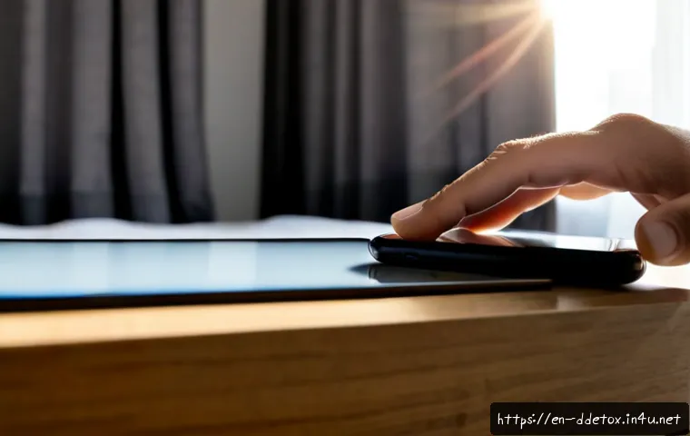 디지털디톡스 스마트폰 끄는 법 - Photorealistic close-up of an adult hand pressing the physical power button on a modern smartphone r...