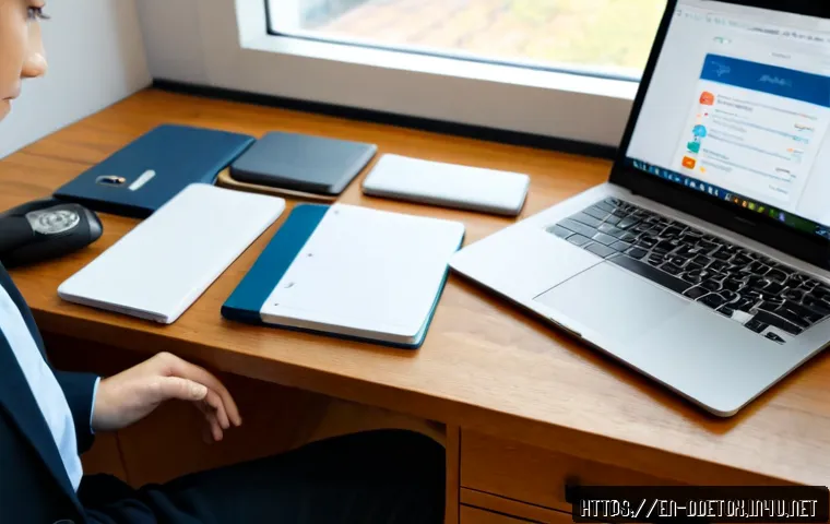 디지털디톡스와 직장 내 효율성 - Photorealistic modern office scene, focused adult professional working calmly at a clean wooden desk...